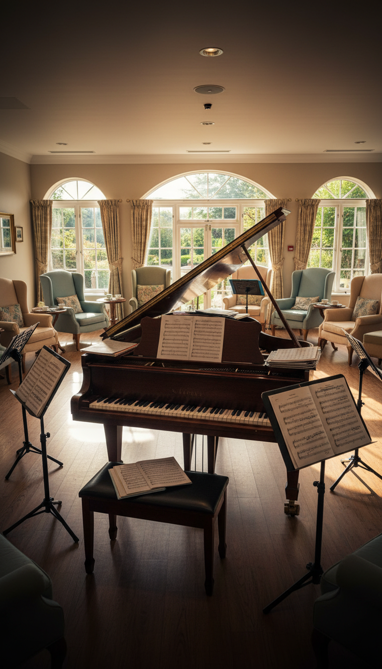 A polished mahogany grand piano with its lid open, revealing gleaming ivory and ebony keys, placed in the center of a bright, spacious common room in a senior house. The piano is surrounded by tastefully arranged music stands and sheet music, with cozy upholstered armchairs lining the walls. Sunlight pours in through large arched windows, casting natural golden highlights onto the piano and creating dramatic contrasts with soft, diffuse shadows in the corners. The atmosphere is vibrant yet refined, capturing the anticipation of an upcoming student performance. Shot from an eye-level perspective with a wide composition, ensuring all elements are in sharp focus. The style is photographic realism with a clean, inviting aesthetic that emphasizes warmth and community.
