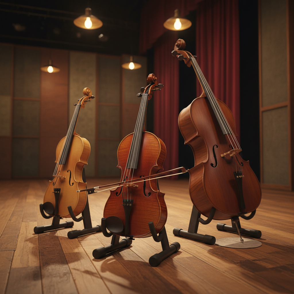 A collection of finely crafted string instruments, including a varnished violin, rich walnut cello, and polished maple viola, resting delicately on velvet-lined stands atop a sturdy wooden stage in a senior house music hall. The stage is bathed in warm, ambient overhead lighting, which gently highlights the curves and detailed grain of each instrument while casting soft shadows onto the floor. The background features subtle glimpses of sound panels and stage curtains, hinting at a professional yet accessible setting. Captured from a slightly elevated angle with a shallow depth of field that draws attention to the textures and elegance of the instruments. The mood is sophisticated and inspiring, rendered in photographic realism with a focus on rich color and material contrasts.