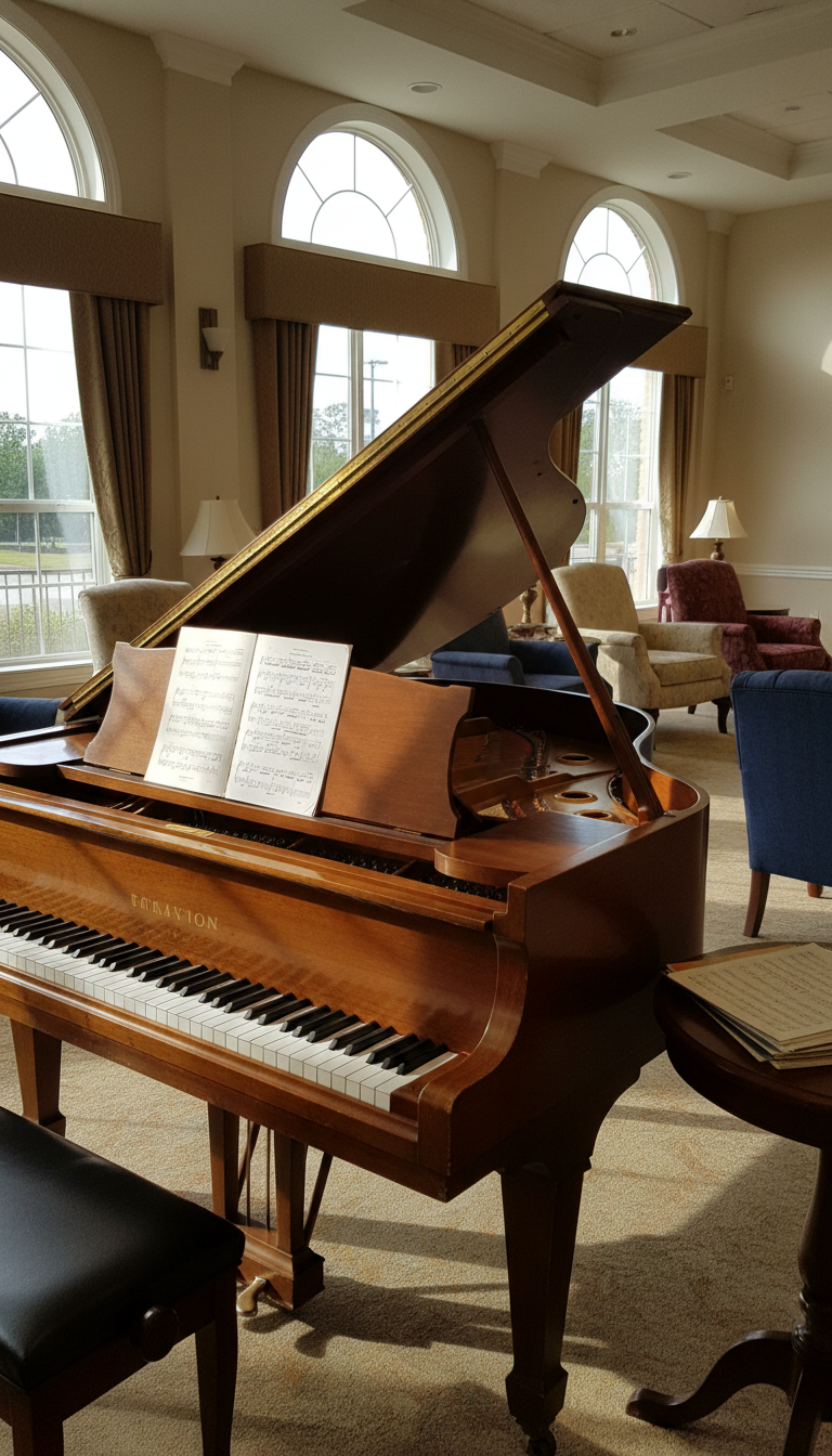 A polished mahogany grand piano with its lid open, revealing gleaming ivory and ebony keys, placed in the center of a bright, spacious common room in a senior house. The piano is surrounded by tastefully arranged music stands and sheet music, with cozy upholstered armchairs lining the walls. Sunlight pours in through large arched windows, casting natural golden highlights onto the piano and creating dramatic contrasts with soft, diffuse shadows in the corners. The atmosphere is vibrant yet refined, capturing the anticipation of an upcoming student performance. Shot from an eye-level perspective with a wide composition, ensuring all elements are in sharp focus. The style is photographic realism with a clean, inviting aesthetic that emphasizes warmth and community.