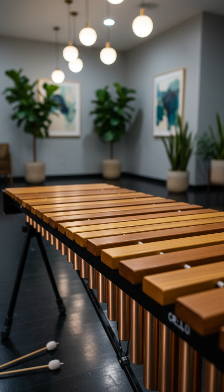 A close-up of a meticulously crafted xylophone with natural wooden bars, each bar catching the soft evening glow from elegant pendant lights above. The instrument is arranged on a sleek polished stage in a senior house’s performance lounge, with the glowing light pools highlighting the wood grain and the shimmer of the resonator tubes. In the background, tastefully arranged potted plants and subtle wall art contribute to an intimate, modern setting. The camera focuses sharply on the xylophone’s central bars while the periphery gently blurs, capturing warmth and intimacy with a shallow depth of field. The atmosphere is inviting and contemporary, with a photographic realism style that emphasizes clean lines, natural materials, and cozy evening ambiance.