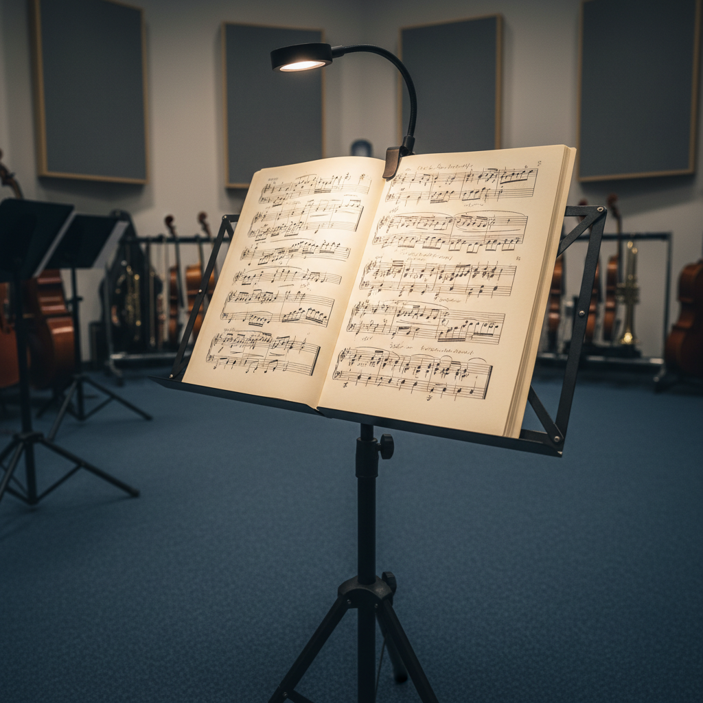 An elegant black music stand holding an open sheet of hand-annotated classical music, with the delicate pages slightly curled at the edges. Set against the soft acoustic panels of a senior house practice room, the stand is illuminated by the focused beam of a modern adjustable reading lamp, which casts precise highlights on the musical notes and gentle shadows across the stand base. The room features muted, sound-absorbing wall textures and a background of blurred musical instruments on racks, suggesting a dedicated rehearsal space. Photographed from a low angle that emphasizes the sheet's details and textures, the mood is contemplative and studious. The artistic style is photographic realism, modern and clean, with a serene, scholarly ambiance.